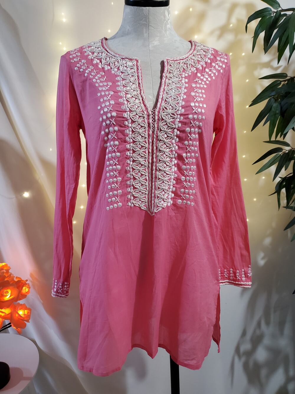 Sachin + Babi for Ankasa Women's S Embroidered 100% Cotton Pink Boho Tunic Top